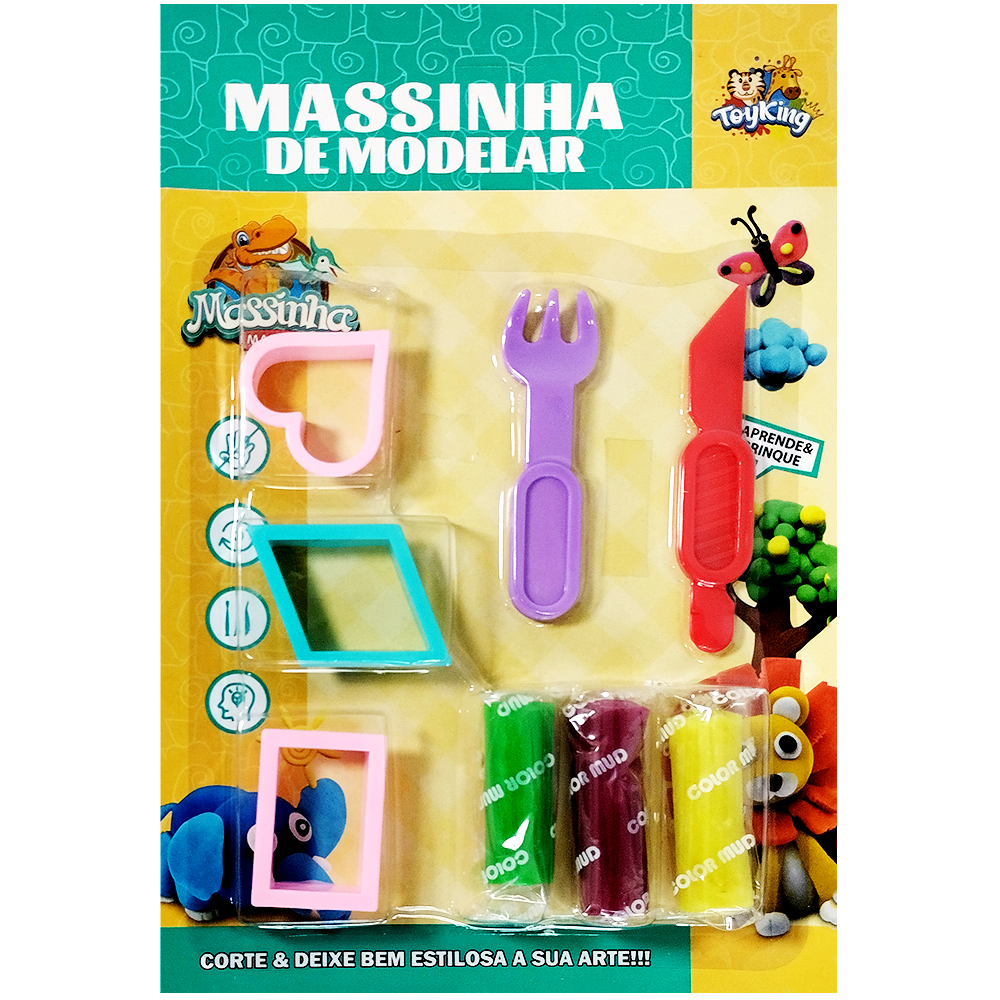 MASSINHA DE MODELAR COM 3 CORES + 3 MOLDES E ACESSORIOS 8 PECAS