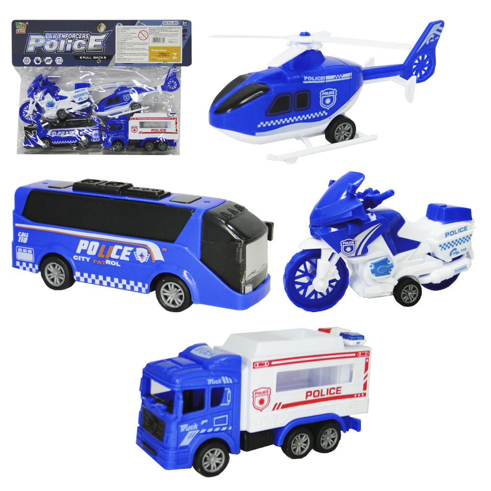 KIT VEICULO POLICIA COM MOTO + ONIBUS A FRICCAO PULL BACK LAW ENFORCERS 4 PECAS