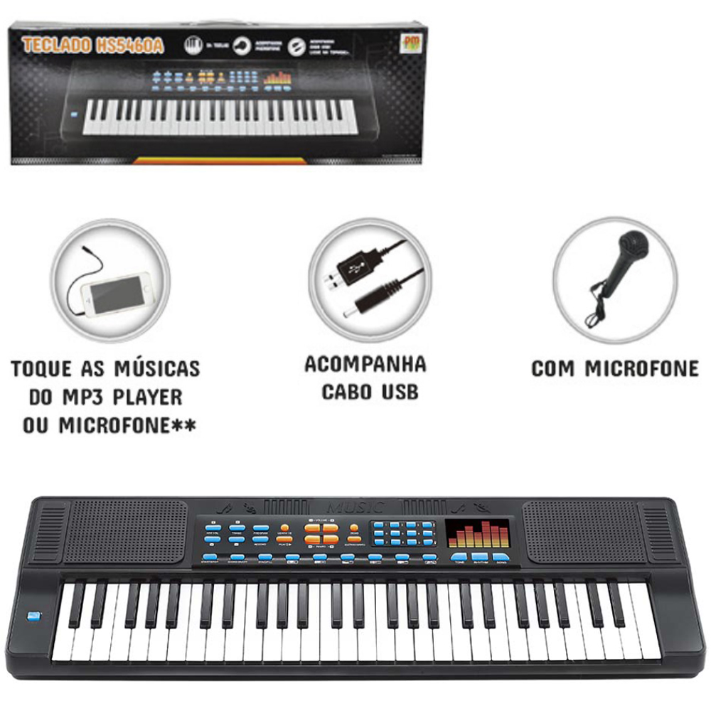TECLADO / PIANO MUSICAL INFANTIL COM MICROFONE + AUX CABO USB / PILHA PRETO HS5460A